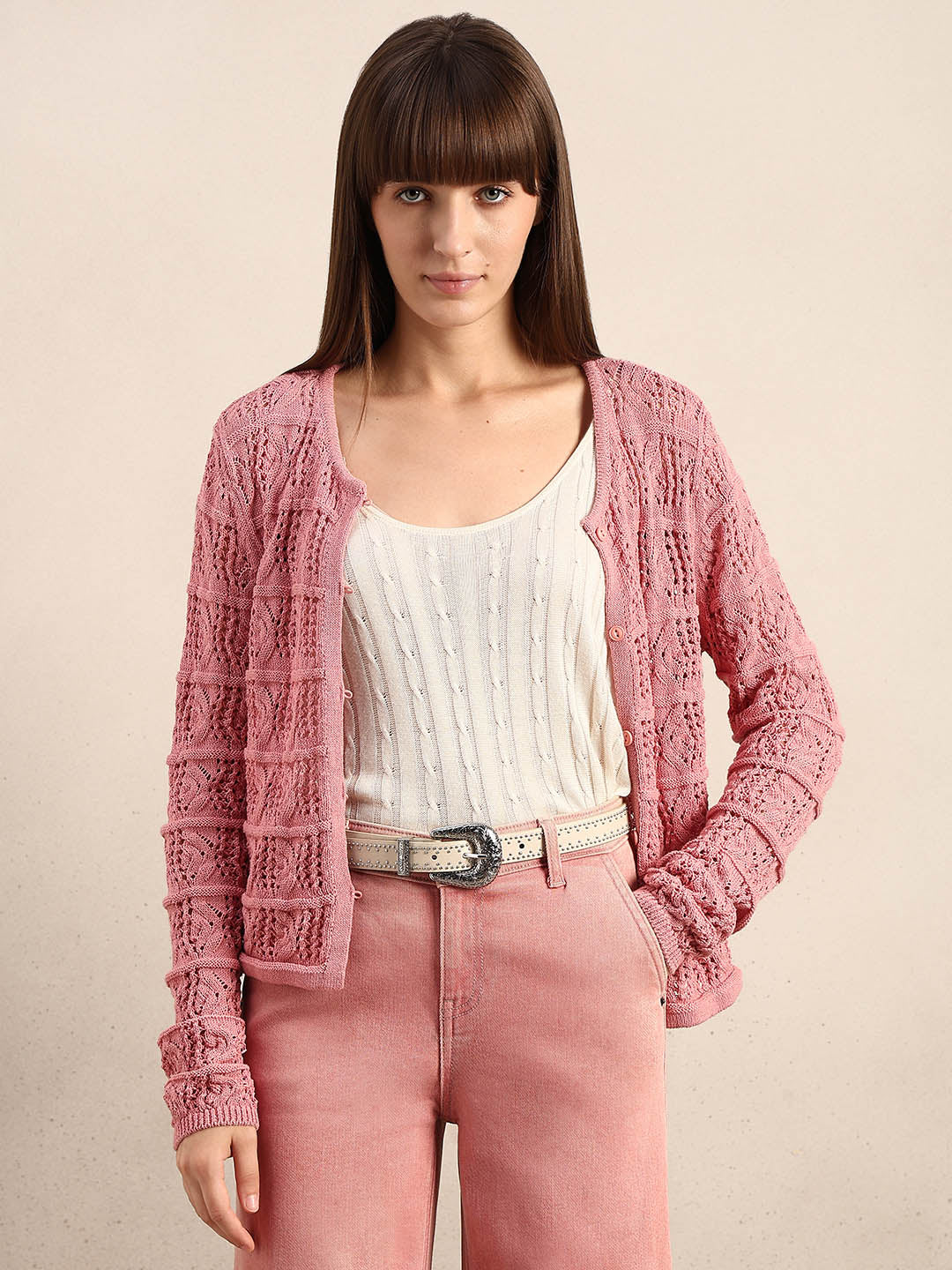 Pink Crochet Knitted Cardigan - Image 2