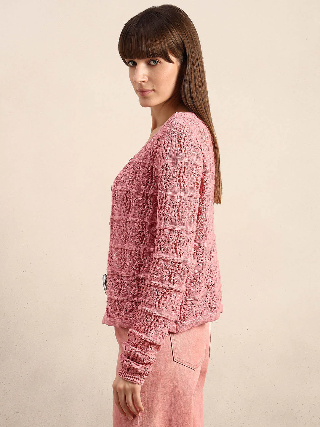 Pink Crochet Knitted Cardigan - Image 3