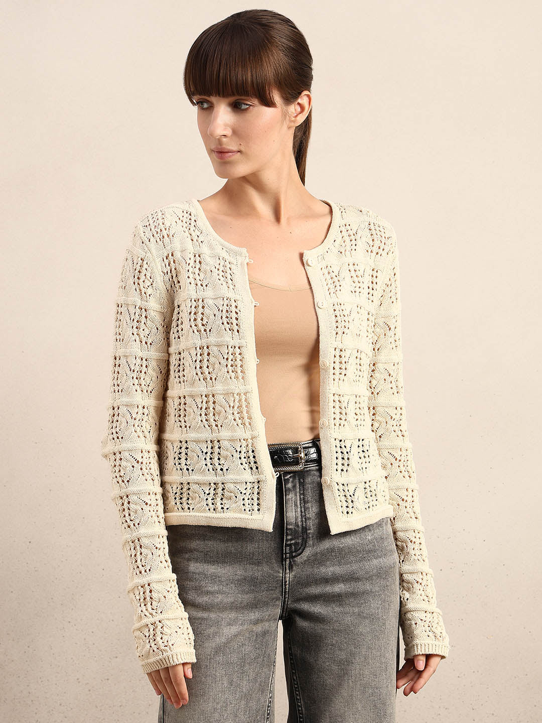 Cream Crochet Knit Cardigan - Image 2