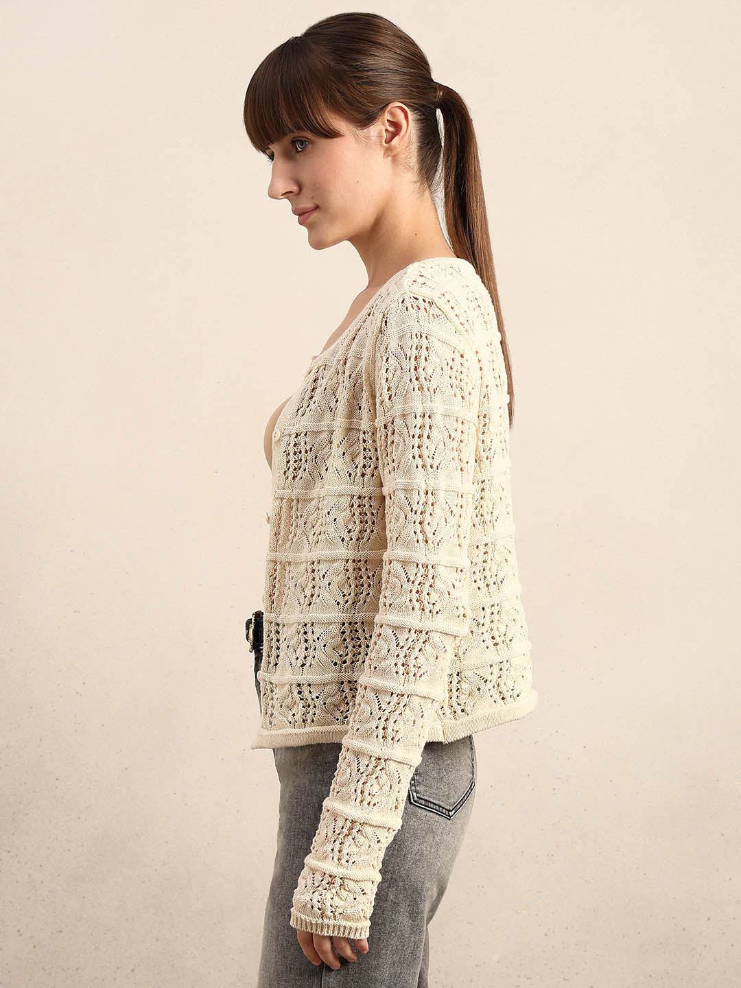 Cream Crochet Knit Cardigan - Image 3