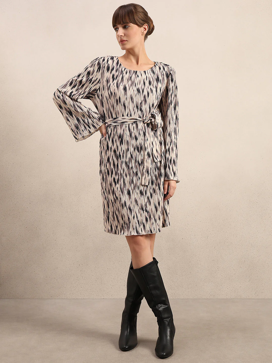 Beige Printed Belted Dress - Image 2