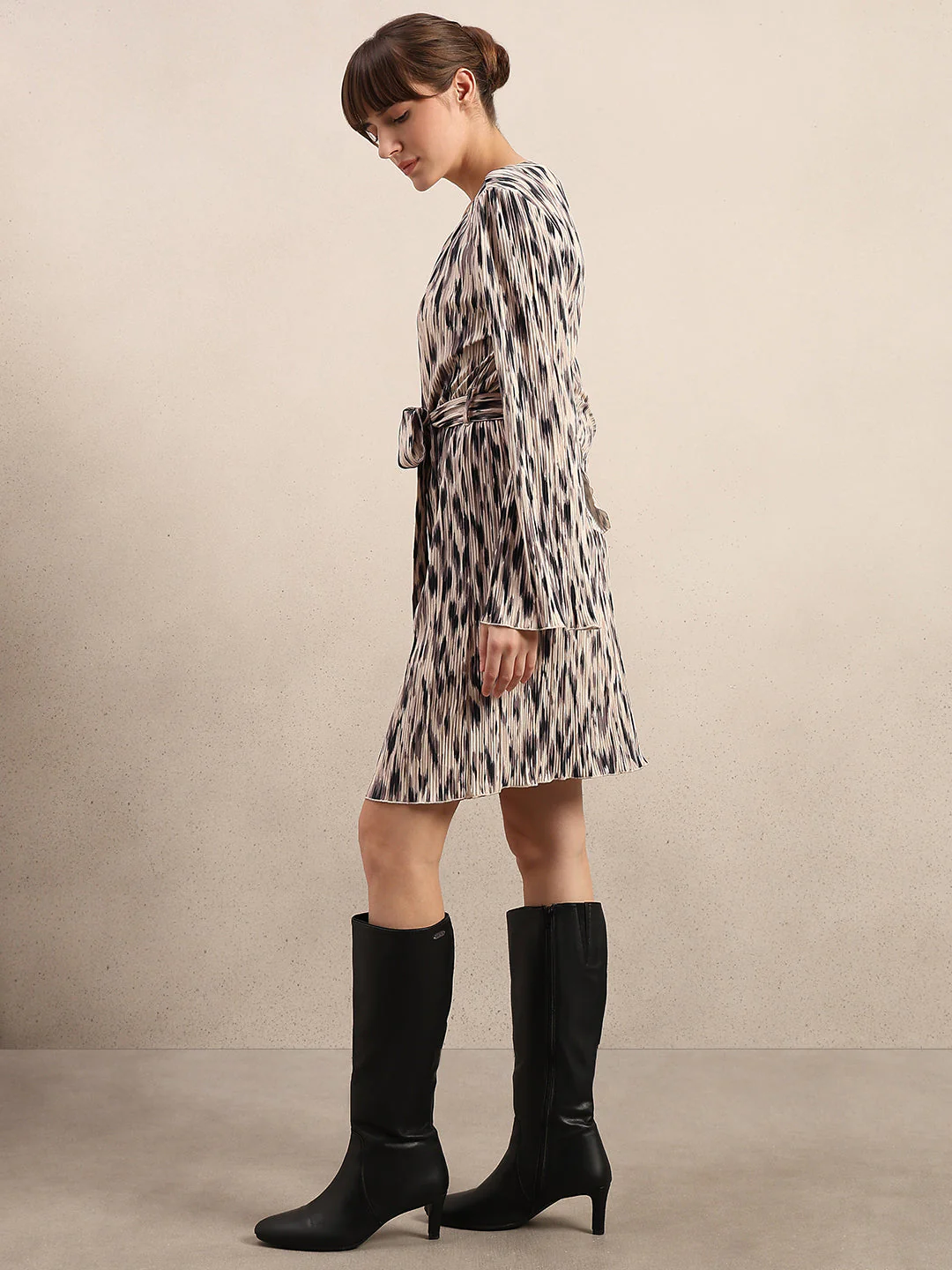 Beige Printed Belted Dress - Image 3
