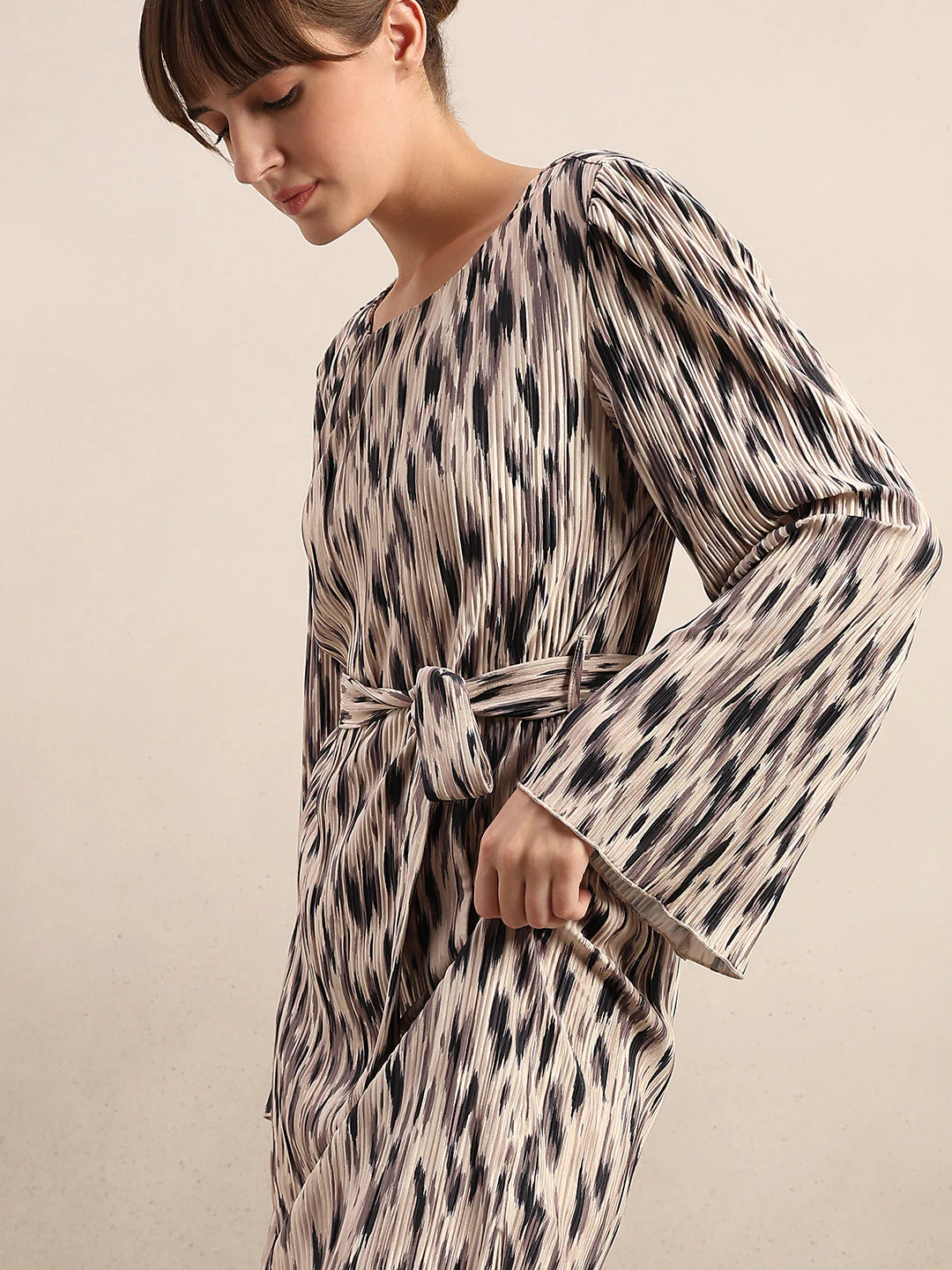 Beige Printed Belted Dress - Image 5