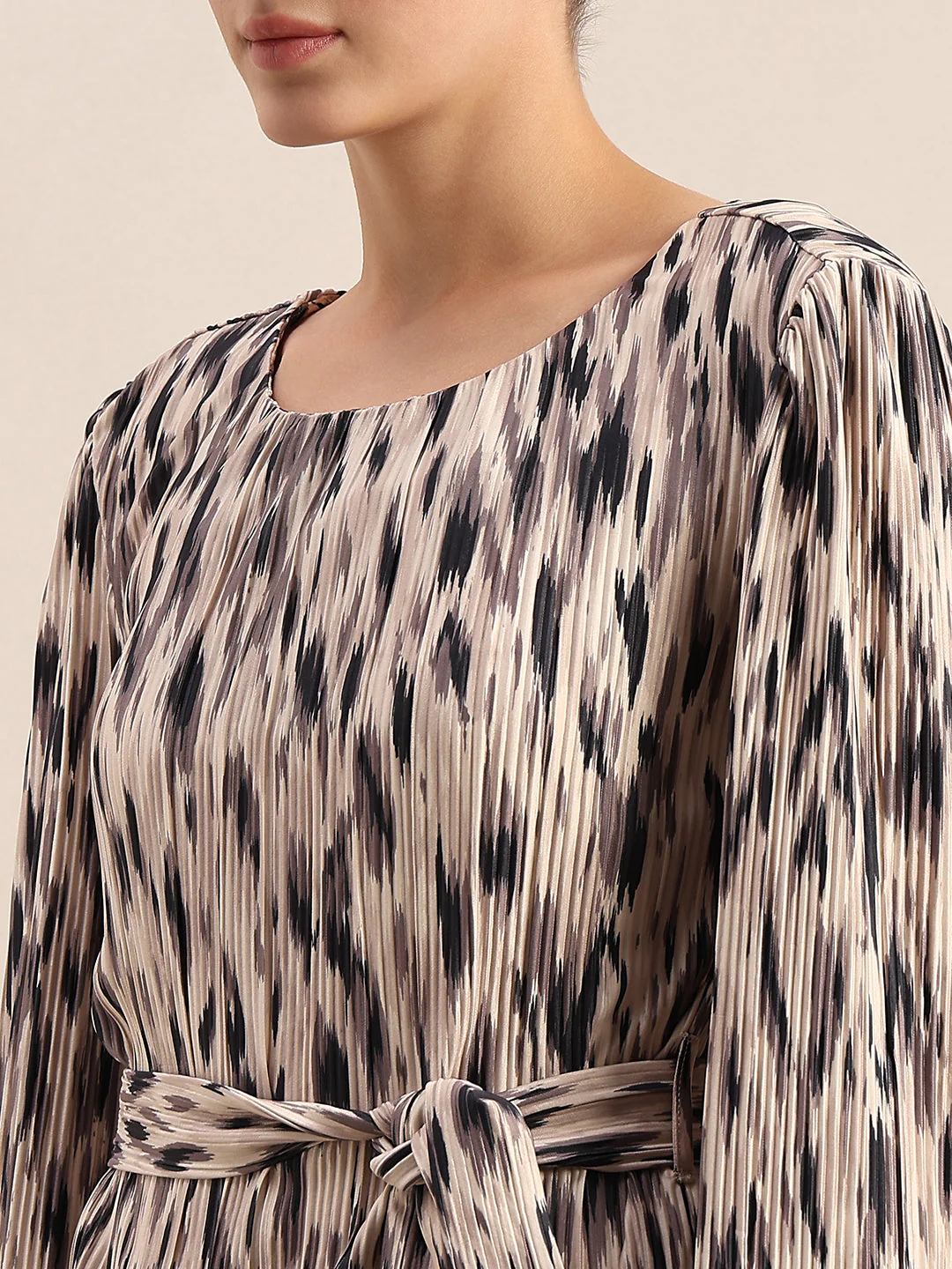 Beige Printed Belted Dress - Image 6