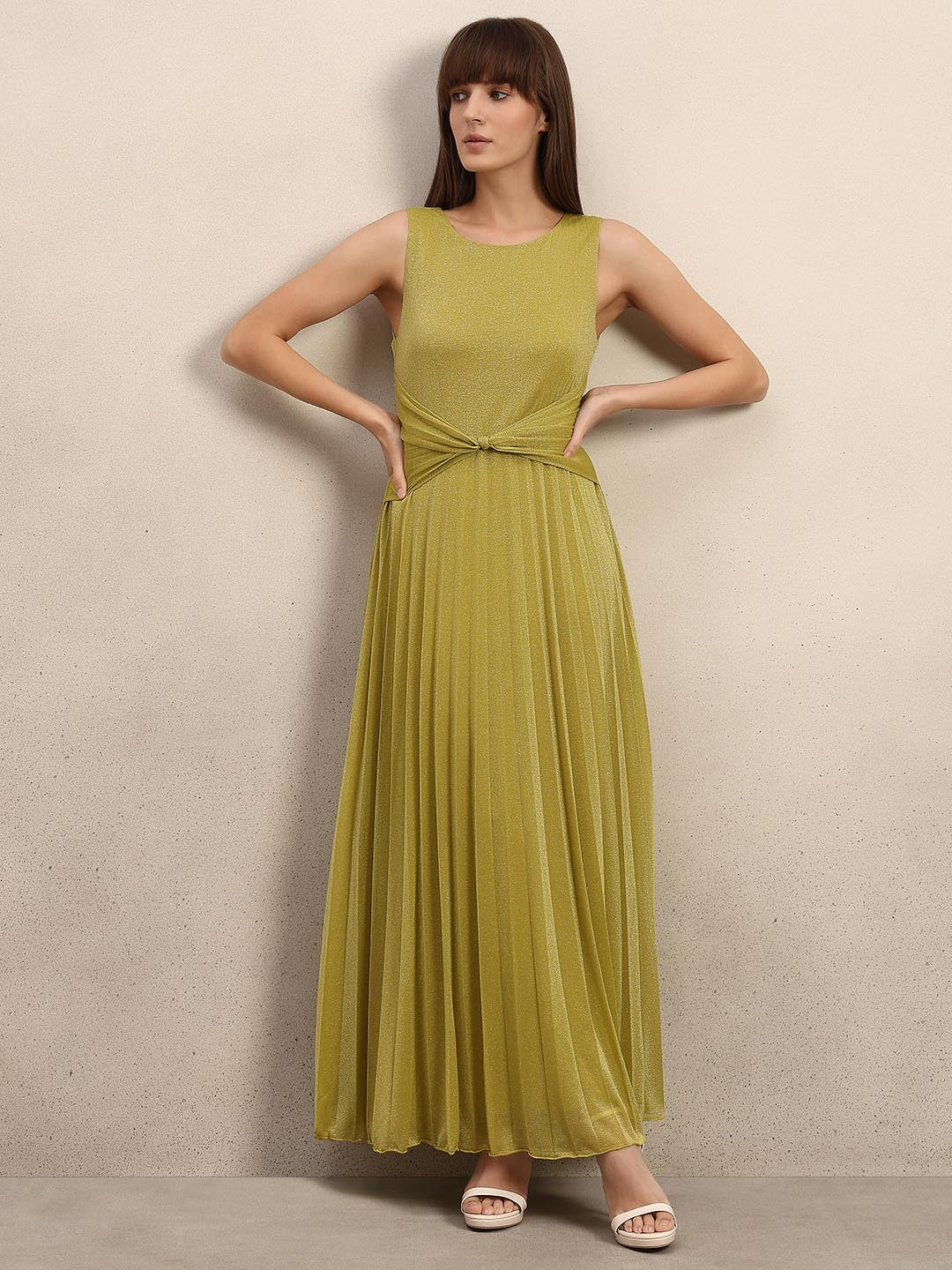 Yellow Shimmer Pleated Dress - Image 2