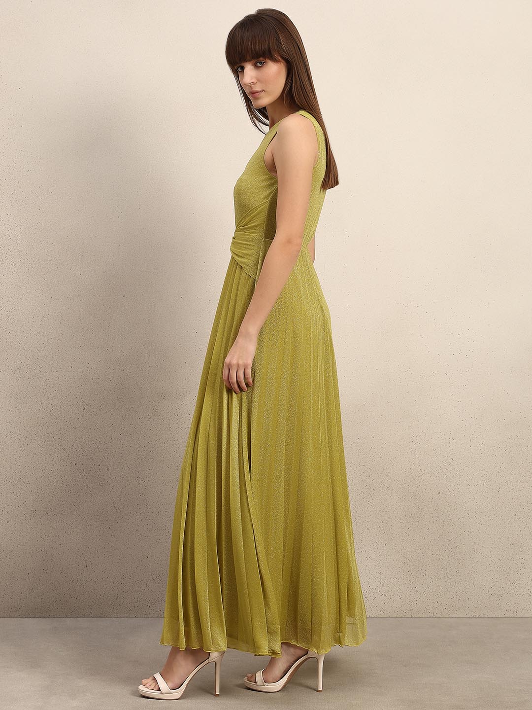 Yellow Shimmer Pleated Dress - Image 3