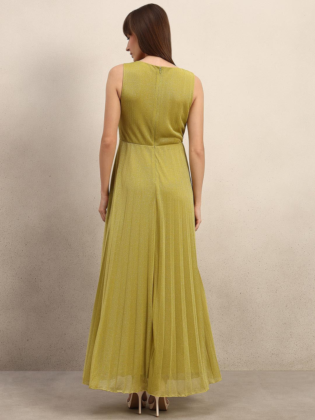 Yellow Shimmer Pleated Dress - Image 4