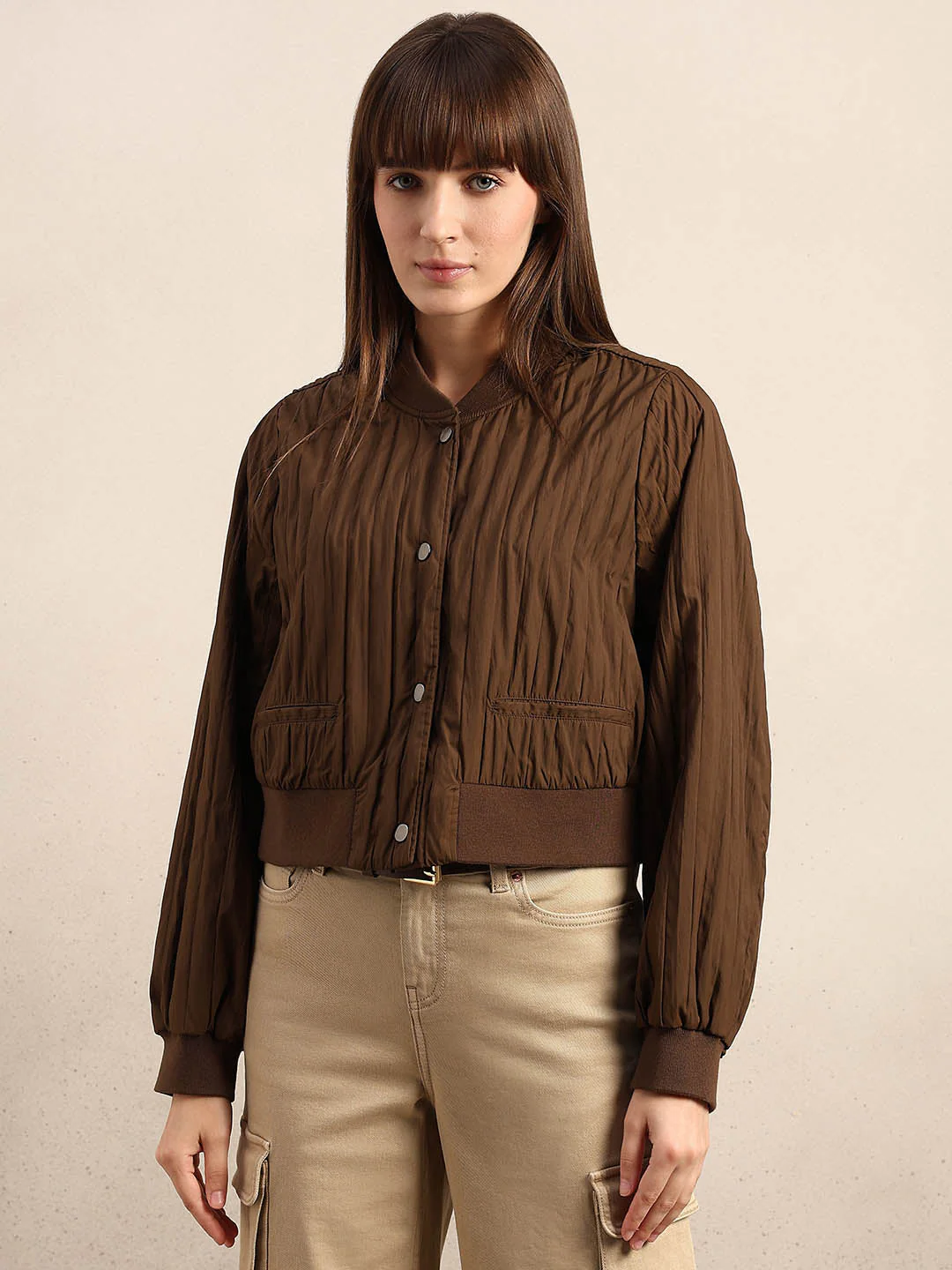 Dark Brown Quilted Bomber JACKET - Image 2