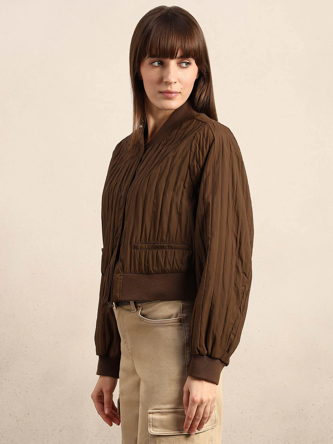 Dark Brown Quilted Bomber JACKET - Image 3
