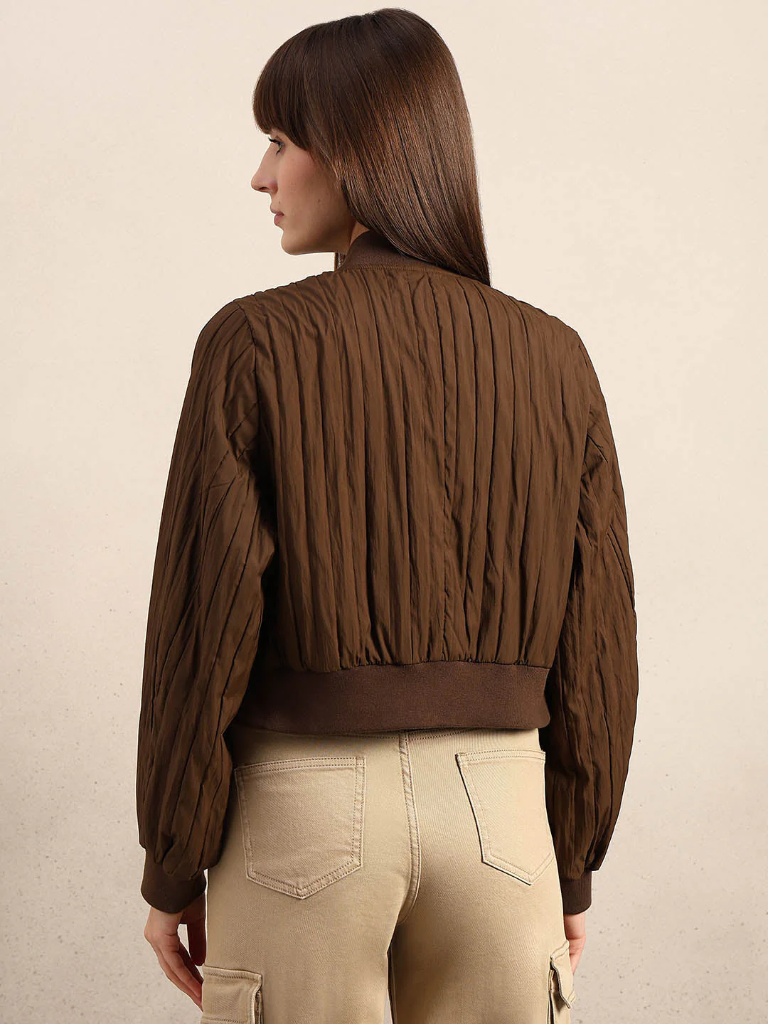 Dark Brown Quilted Bomber JACKET - Image 4