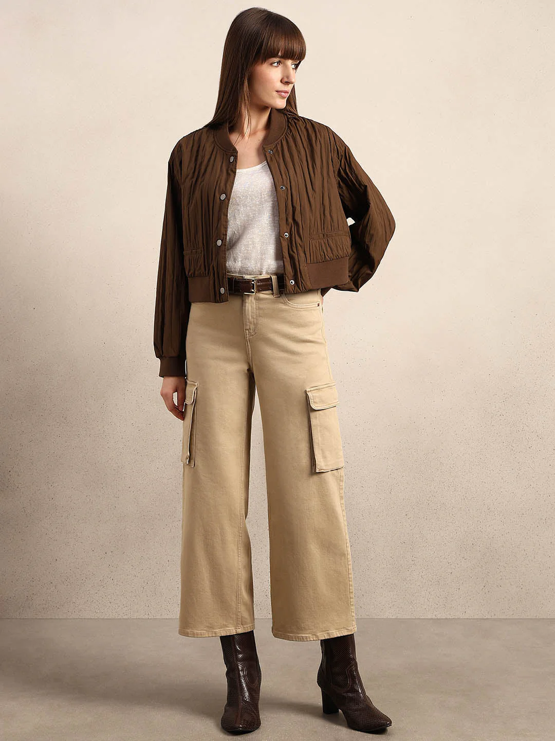 Dark Brown Quilted Bomber JACKET - Image 5