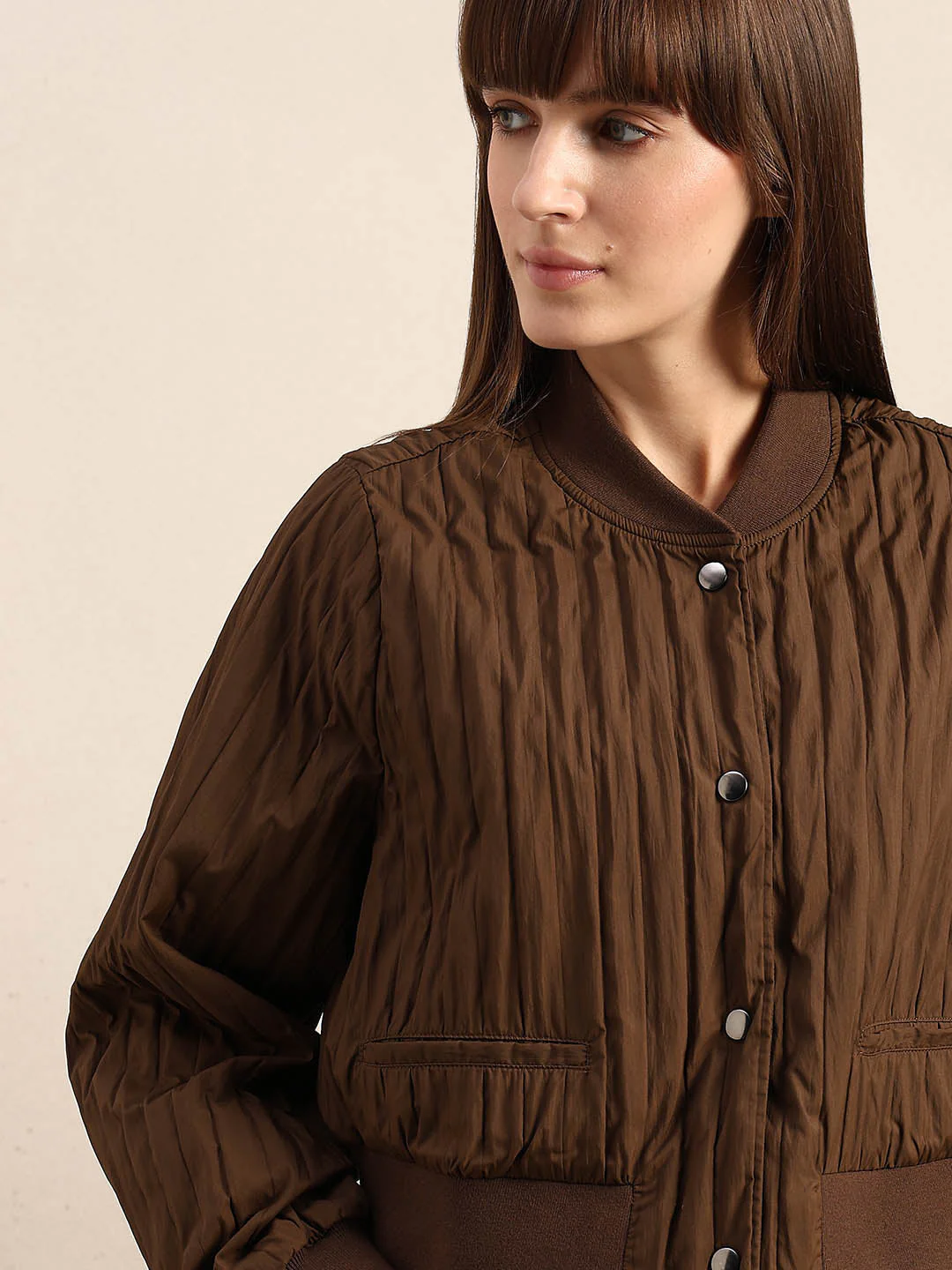 Dark Brown Quilted Bomber JACKET - Image 6