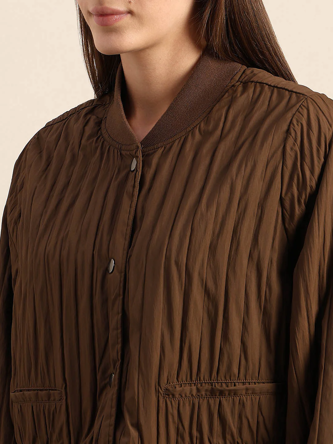 Dark Brown Quilted Bomber JACKET - Image 8