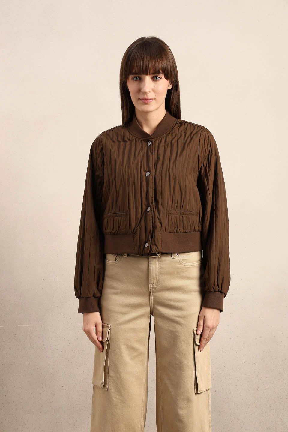 Dark Brown Quilted Bomber JACKET - Image 9