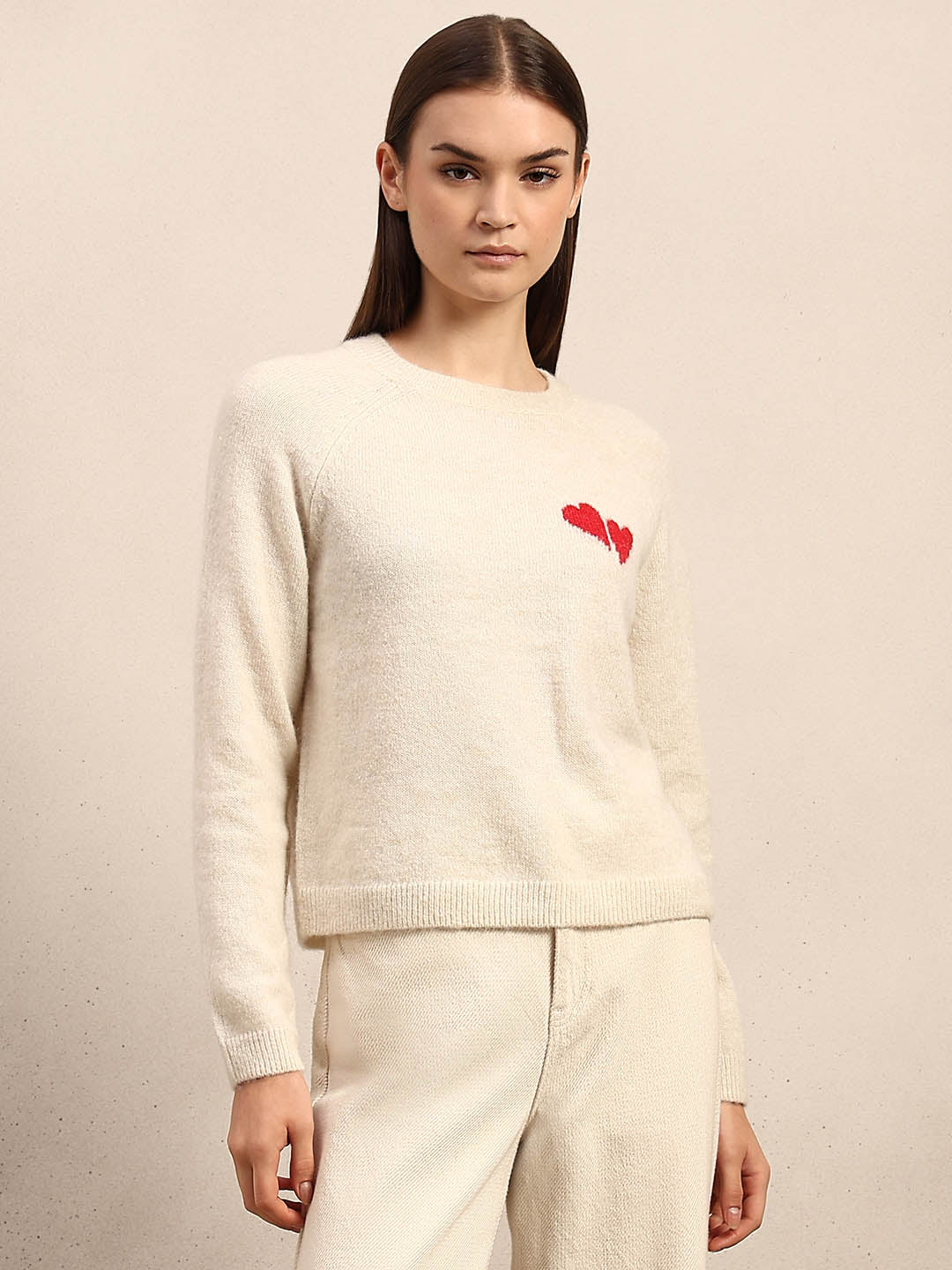 Heart Print O-Neck Pullover - Cream - Image 2