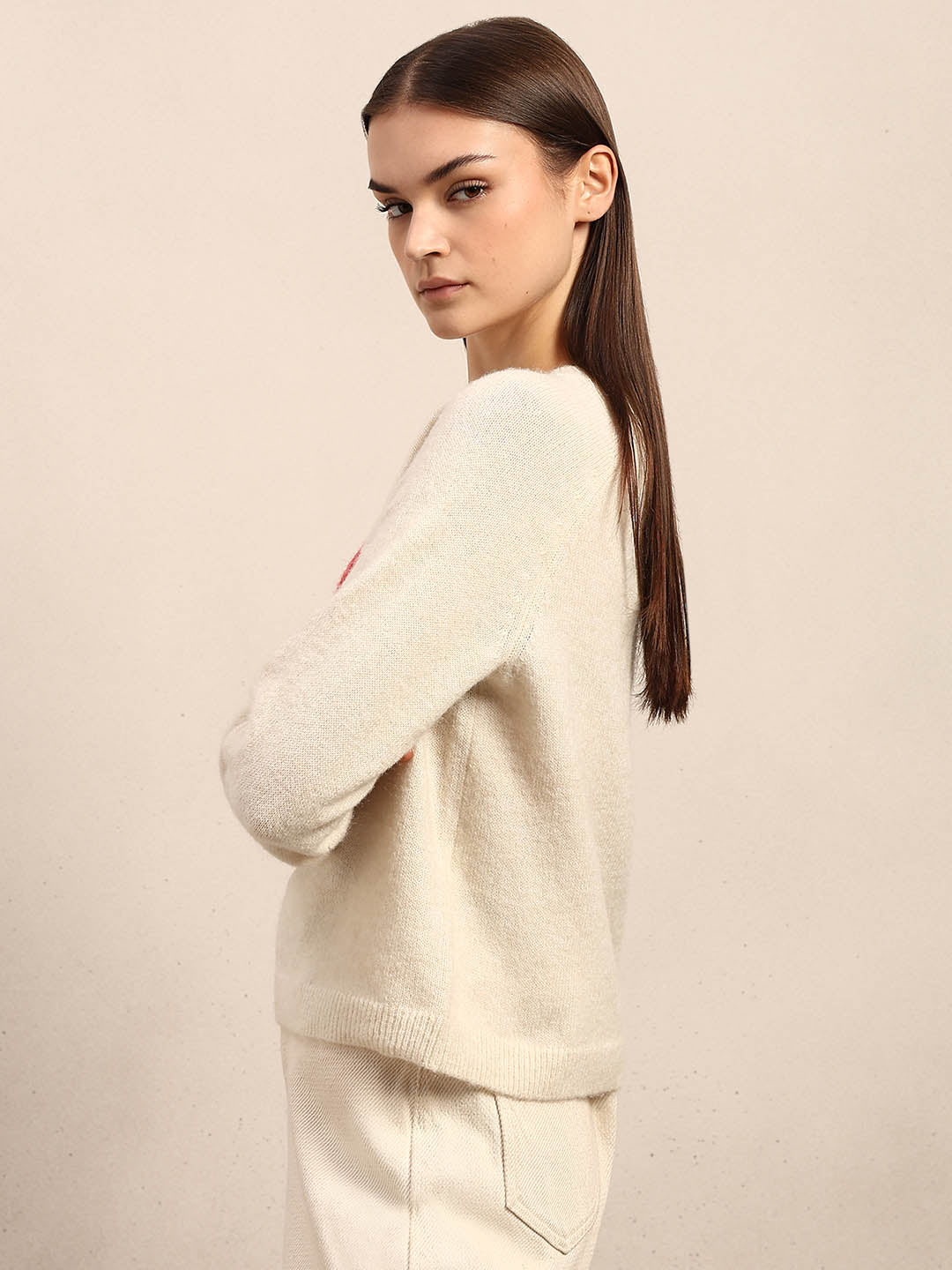 Heart Print O-Neck Pullover - Cream - Image 3