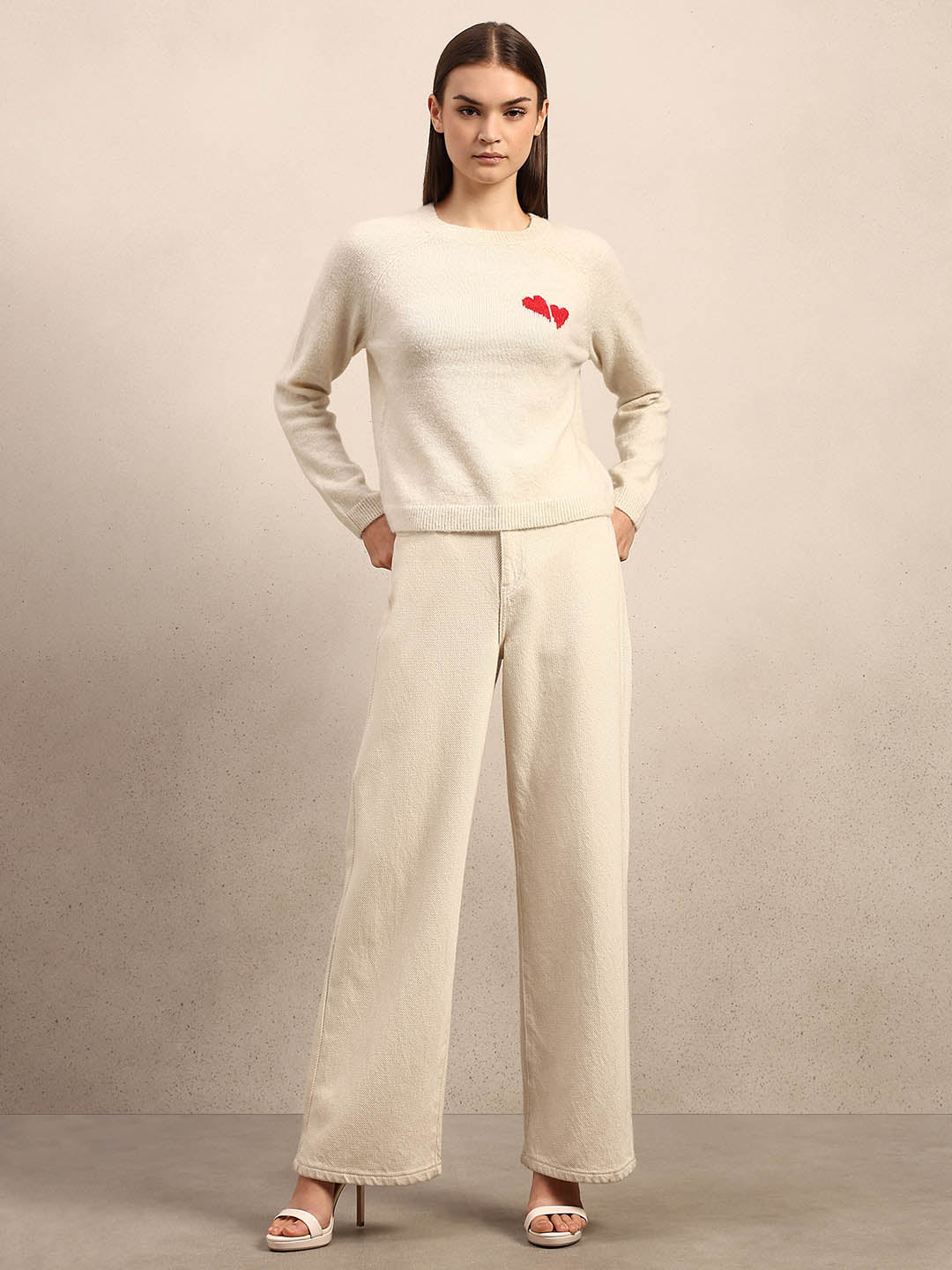 Heart Print O-Neck Pullover - Cream - Image 5