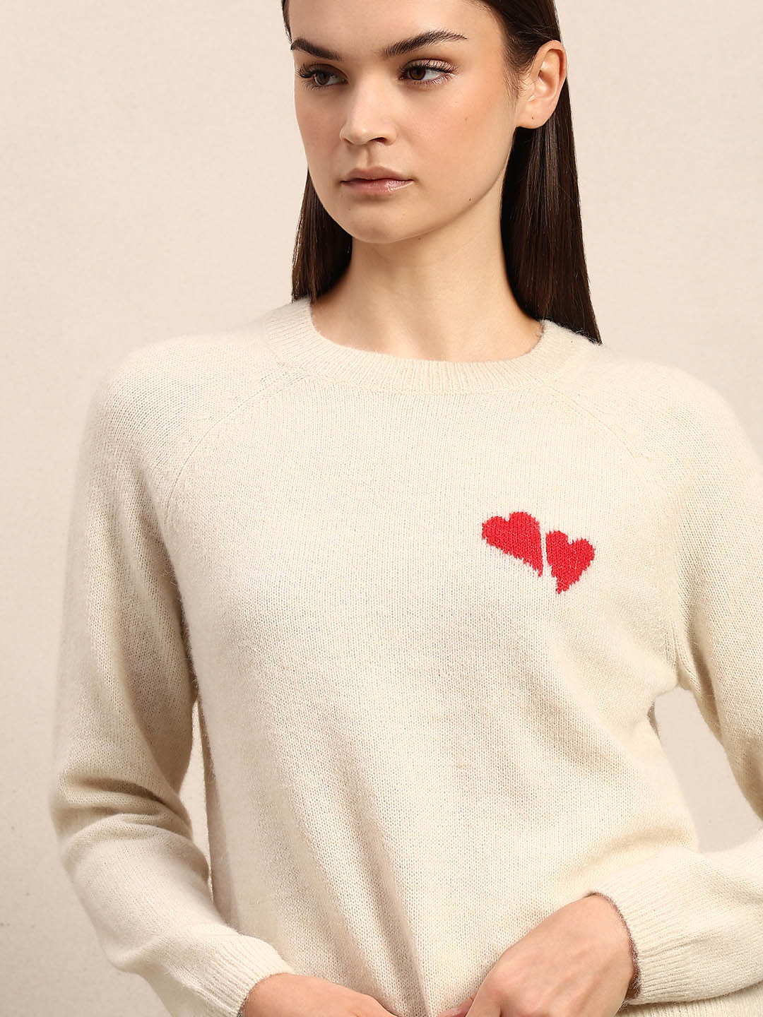 Heart Print O-Neck Pullover - Cream - Image 6