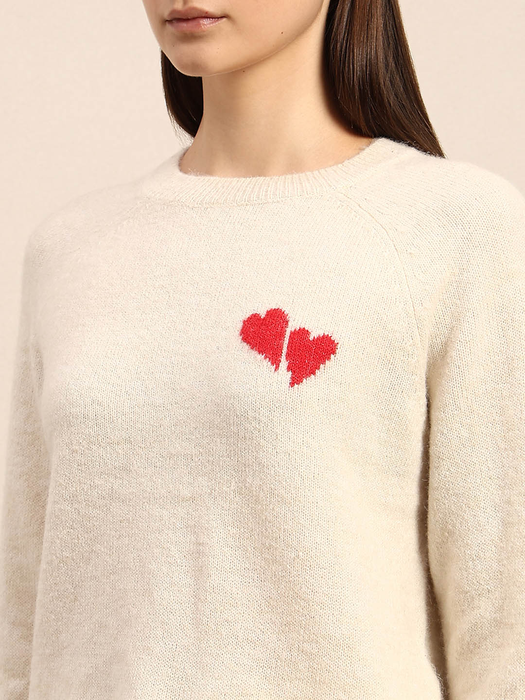 Heart Print O-Neck Pullover - Cream - Image 8