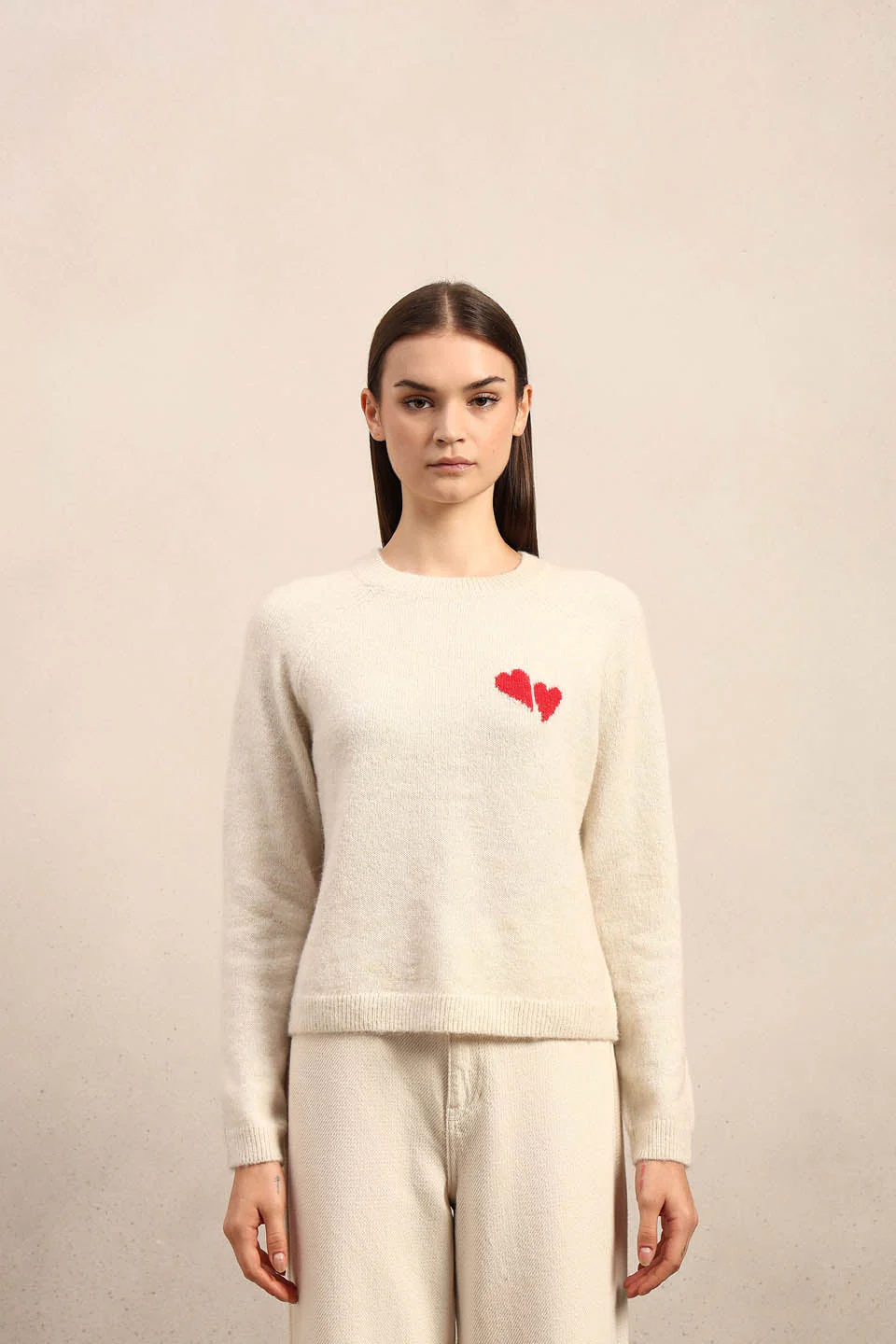Heart Print O-Neck Pullover - Cream - Image 9