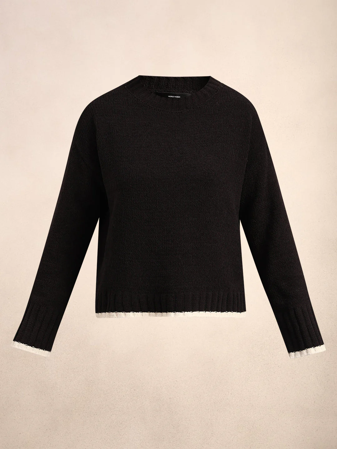 O-Neck Contrast Hem Pullover - Black - Image 7
