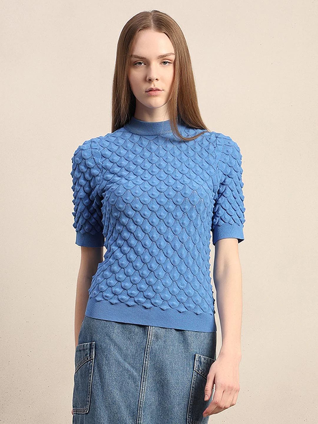 Blue Textured Knitted Top - Image 2