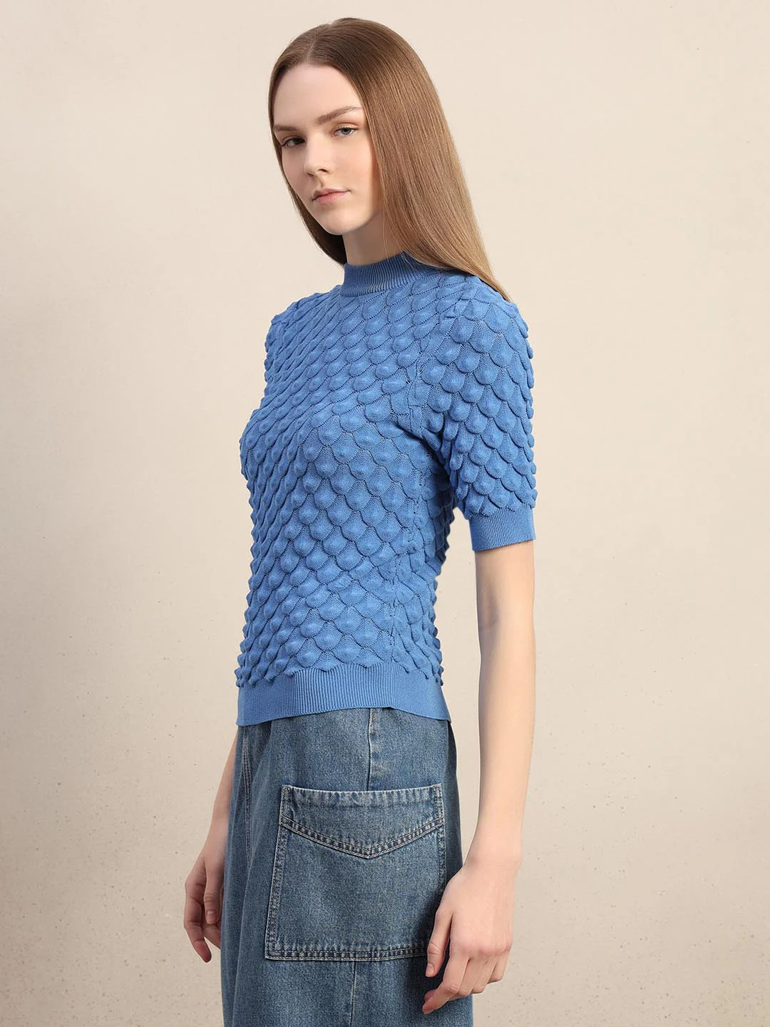 Blue Textured Knitted Top - Image 3
