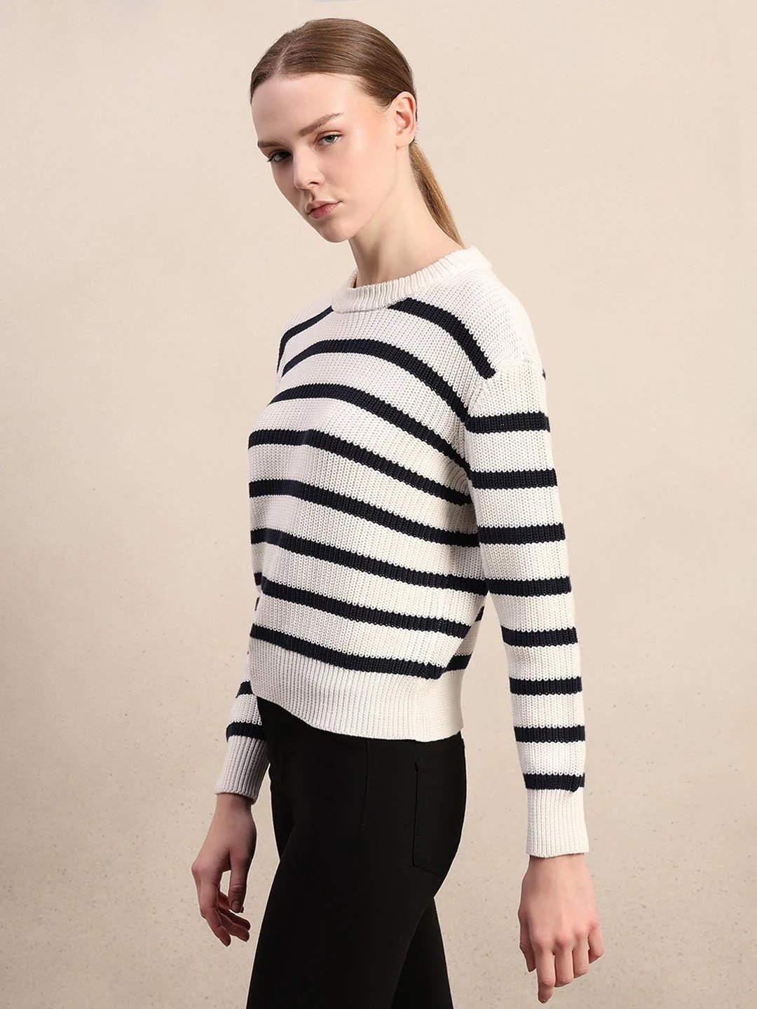 Ecru Striped O-Neck Pullover - Image 3