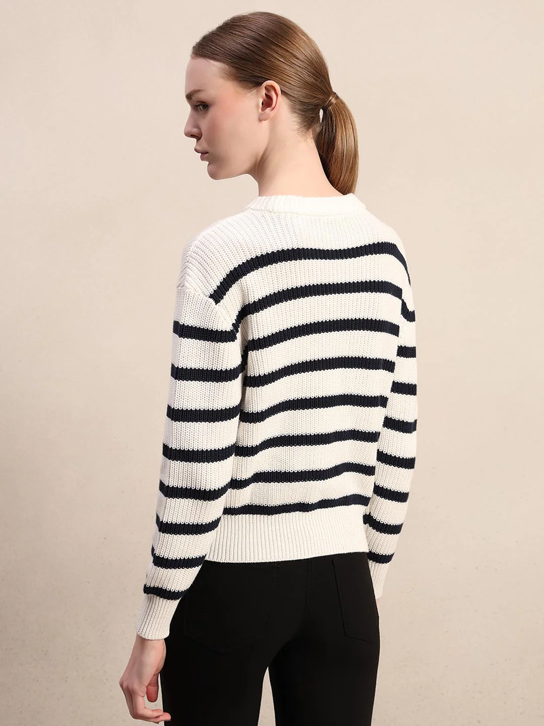 Ecru Striped O-Neck Pullover - Image 4