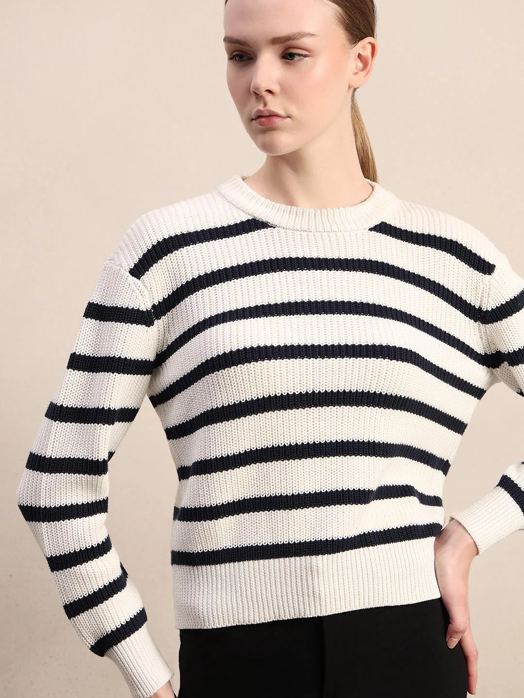 Ecru Striped O-Neck Pullover - Image 6