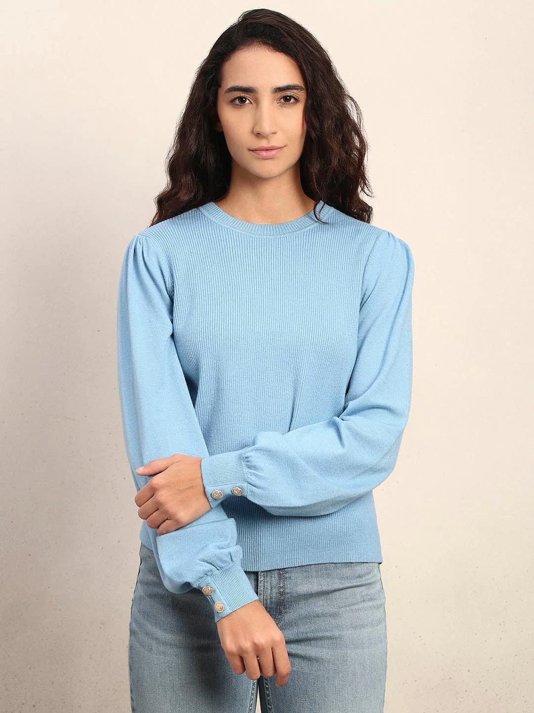 Ribbed Knit O-Neck Pullover - Light Blue - Image 2