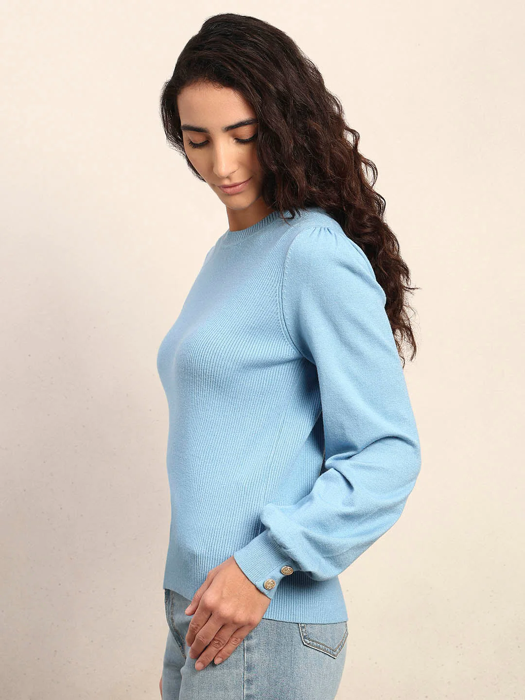 Ribbed Knit O-Neck Pullover - Light Blue - Image 3