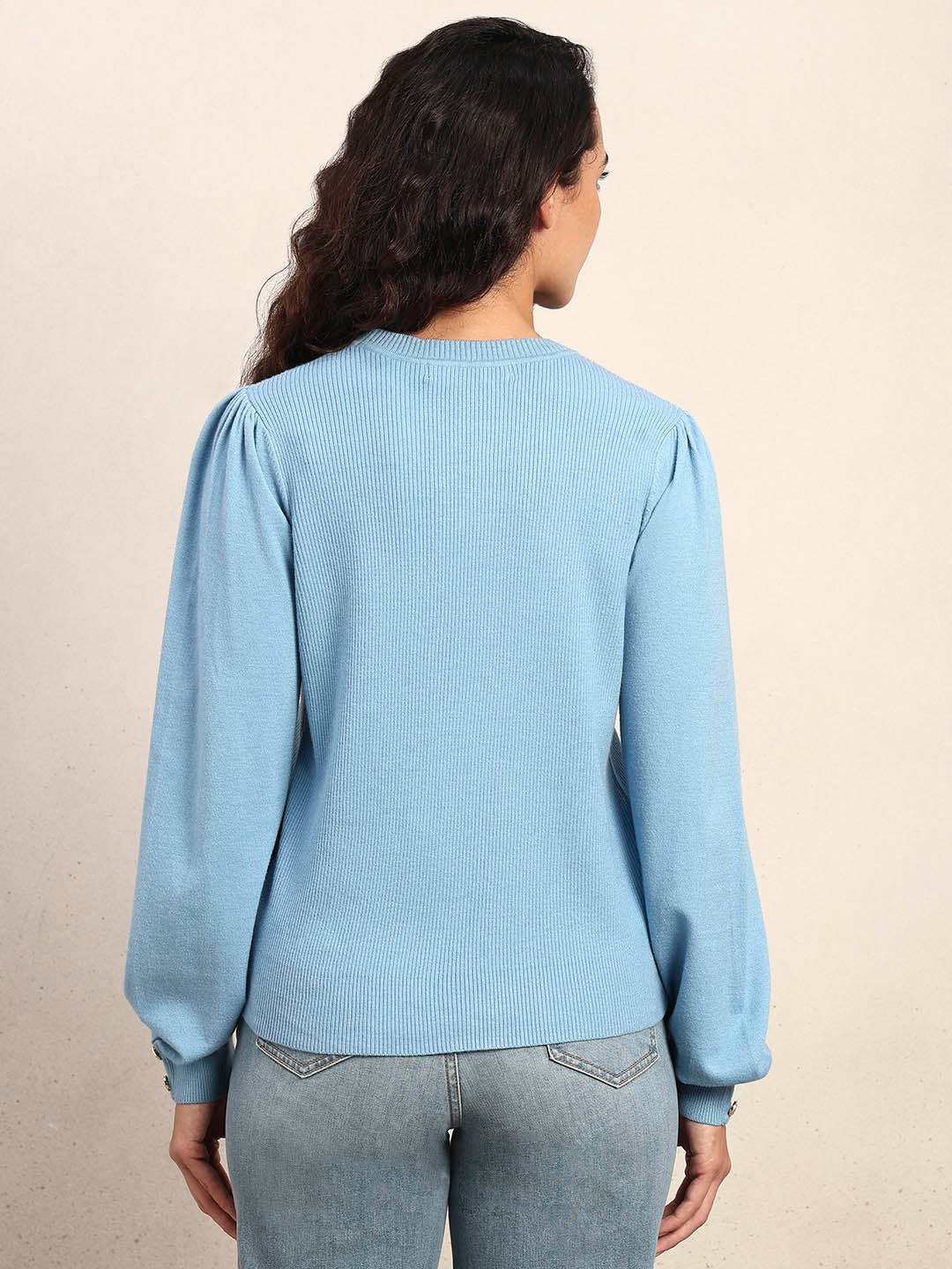 Ribbed Knit O-Neck Pullover - Light Blue - Image 4