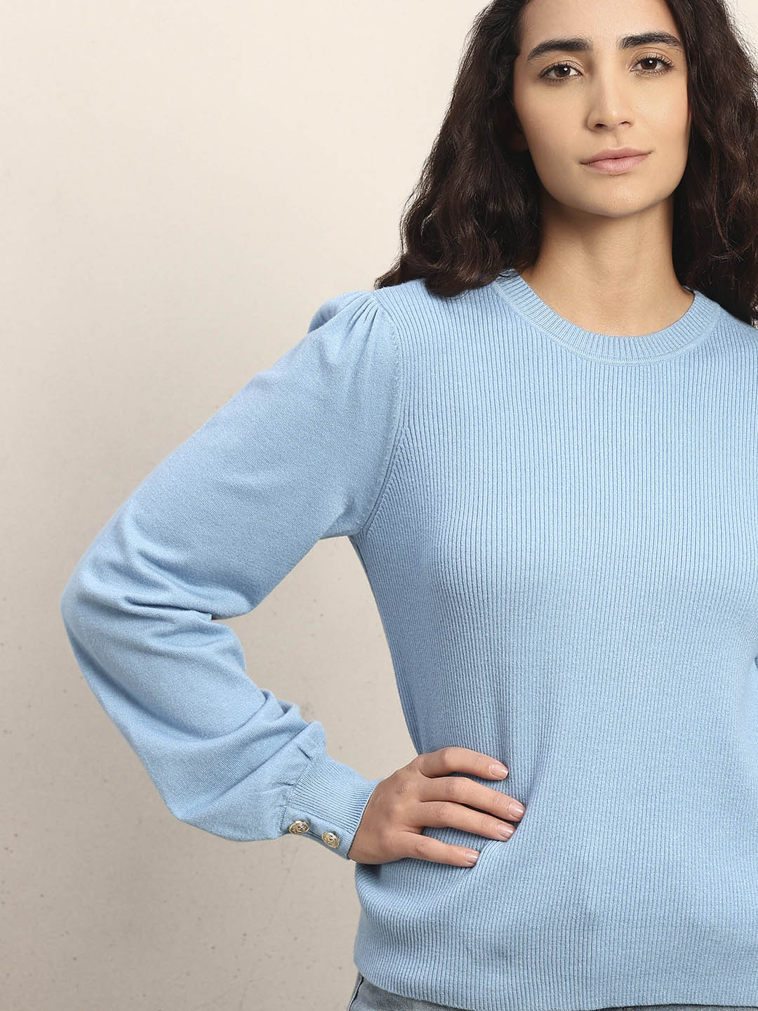 Ribbed Knit O-Neck Pullover - Light Blue - Image 6
