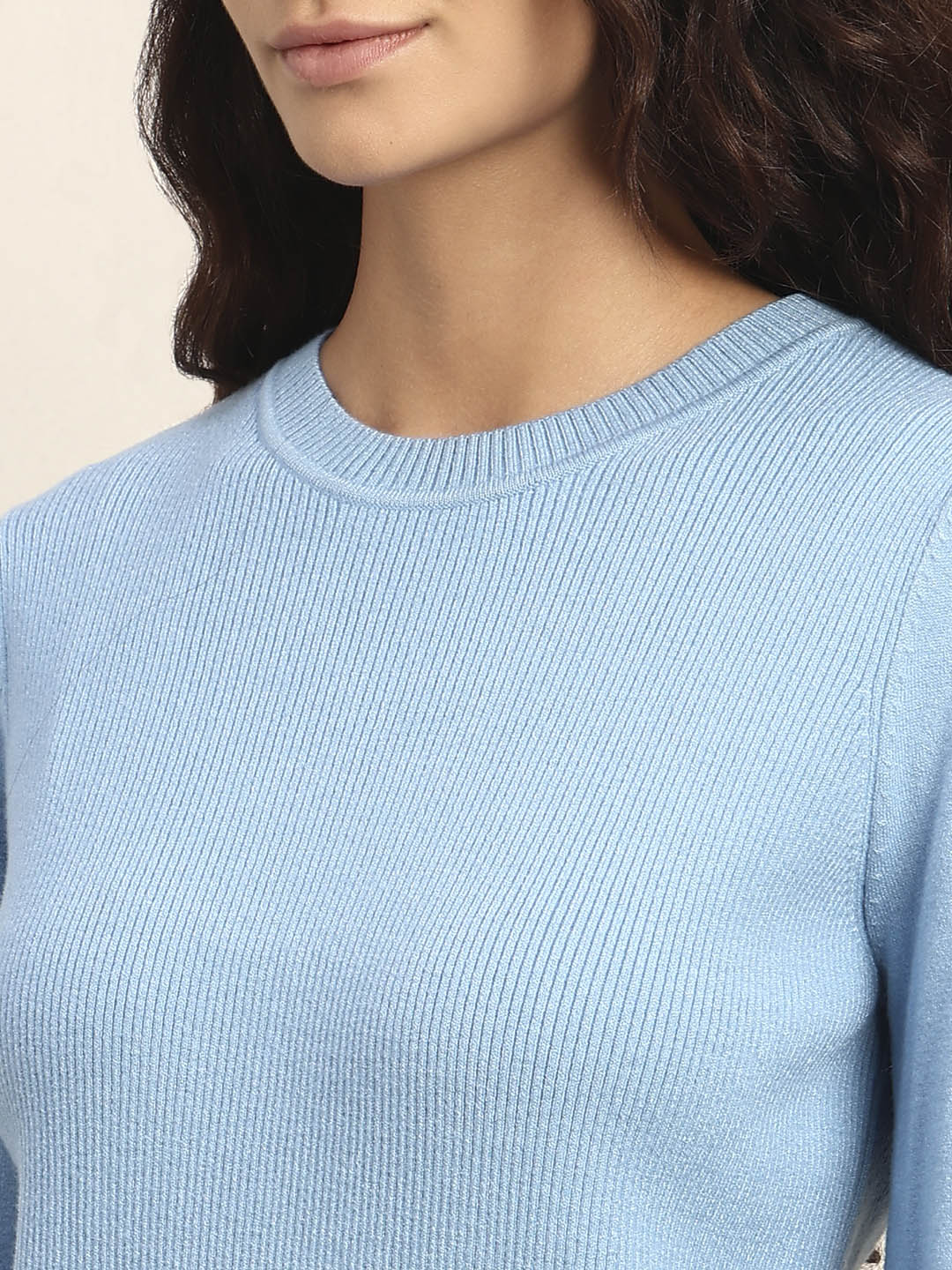 Ribbed Knit O-Neck Pullover - Light Blue - Image 8