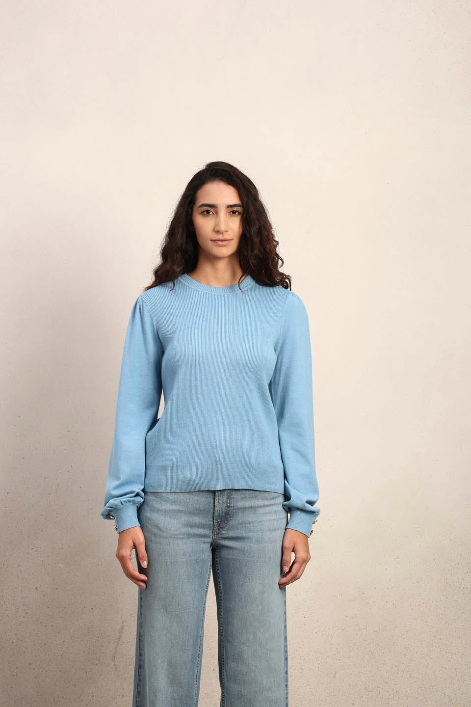 Ribbed Knit O-Neck Pullover - Light Blue - Image 9