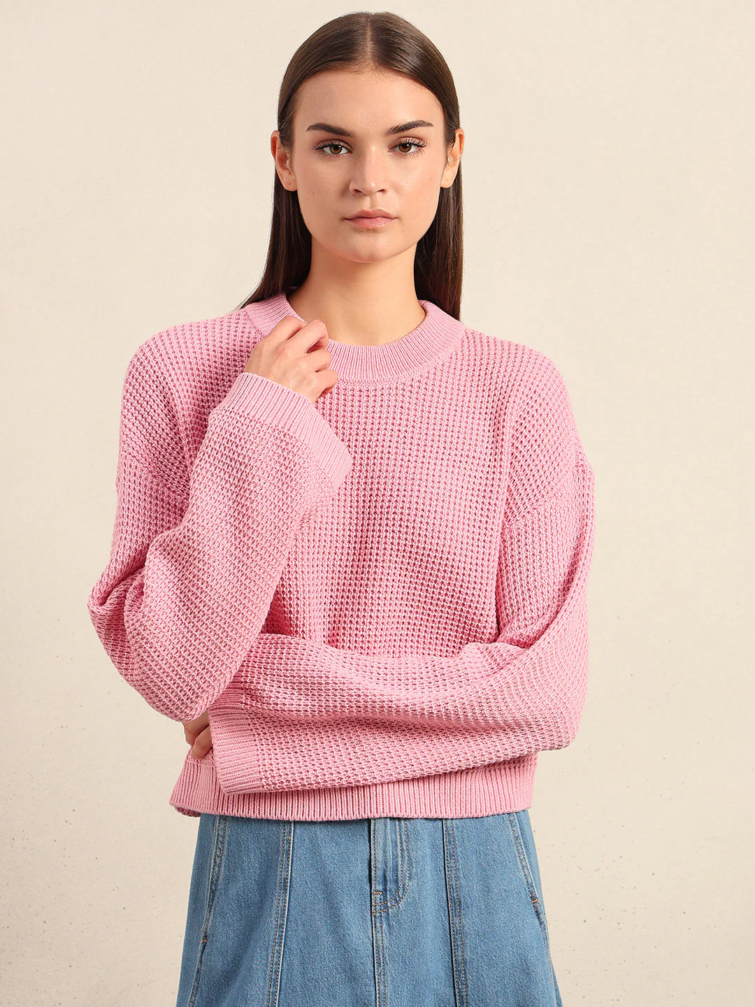 O-Neck Waffle Knit Sweater - Image 2
