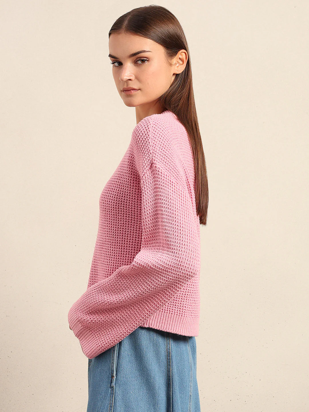 O-Neck Waffle Knit Sweater - Image 3