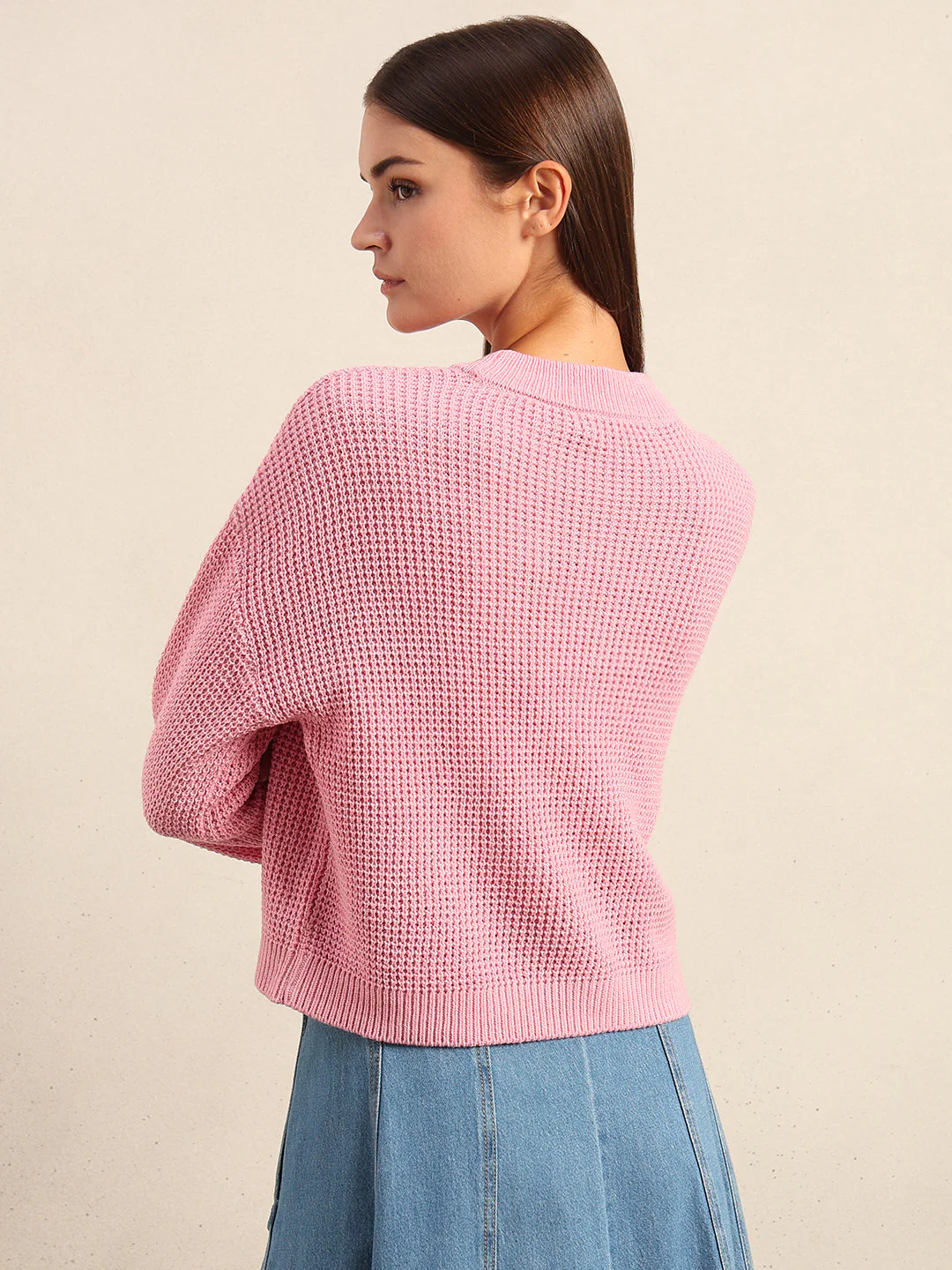 O-Neck Waffle Knit Sweater - Image 4