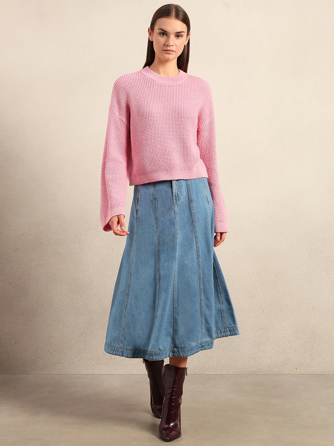 O-Neck Waffle Knit Sweater - Image 5