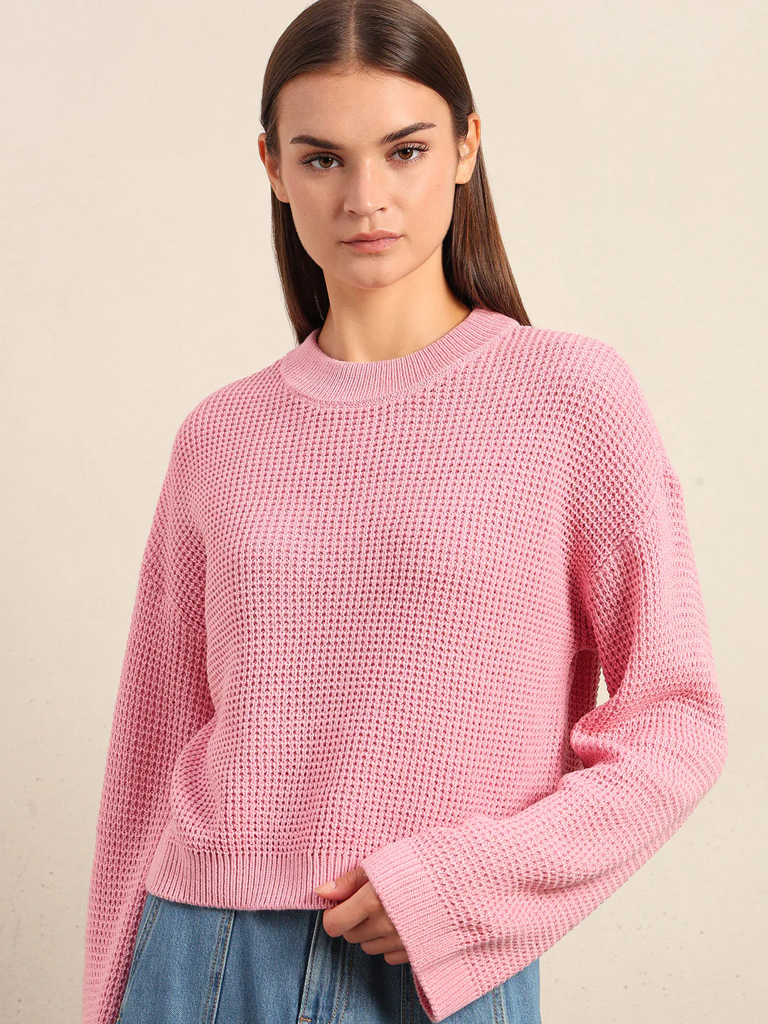 O-Neck Waffle Knit Sweater - Image 6