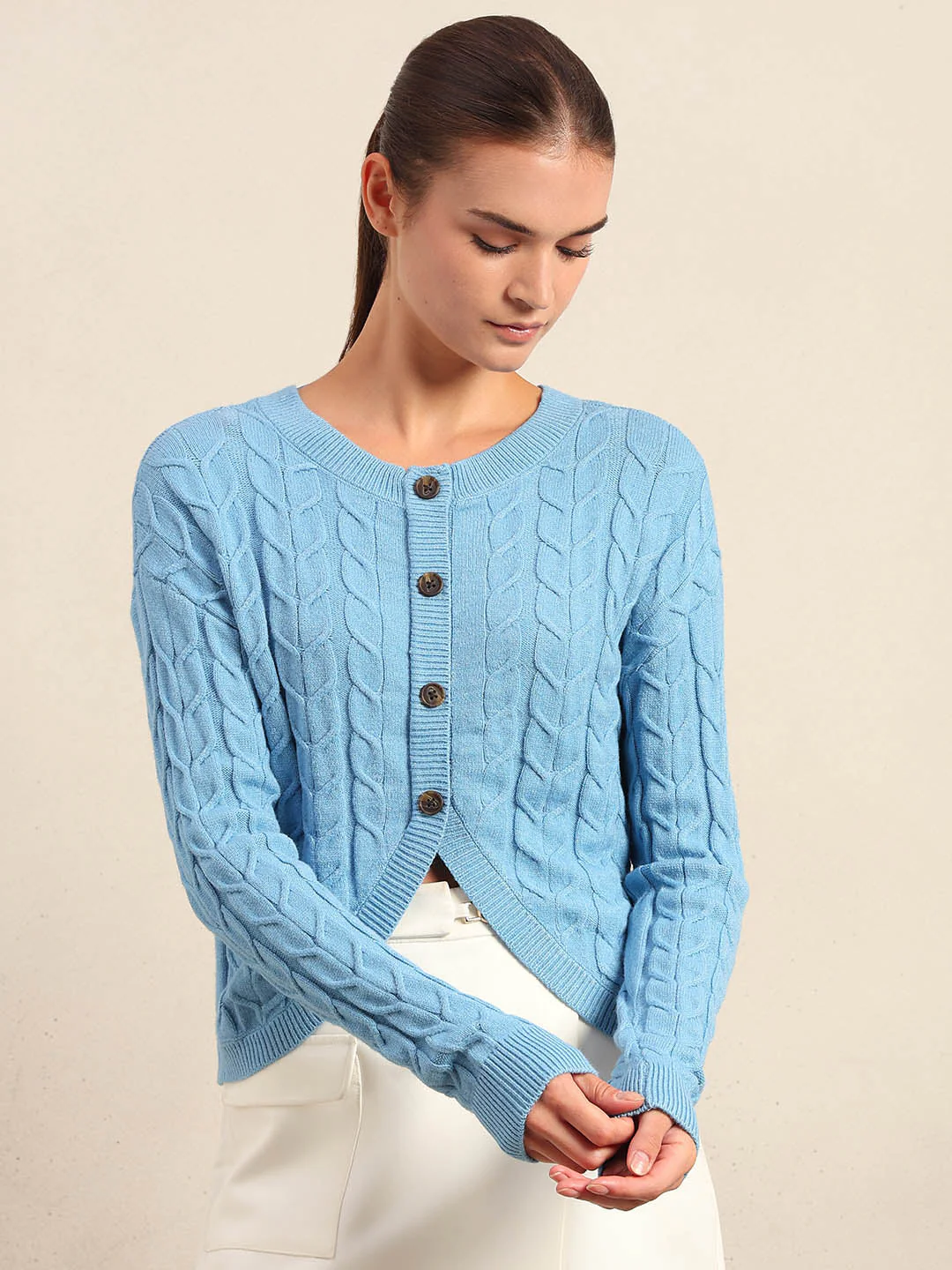 Light Blue Cable-Knit Cardigan - Image 2