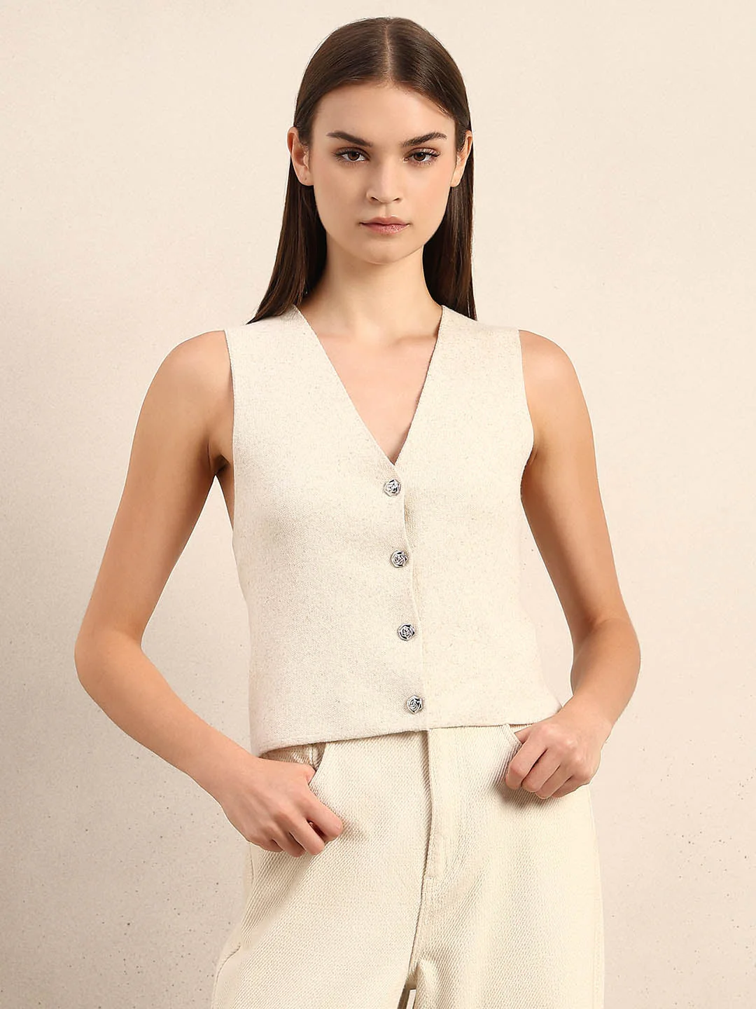 Cream V-Neck Vest - Image 2