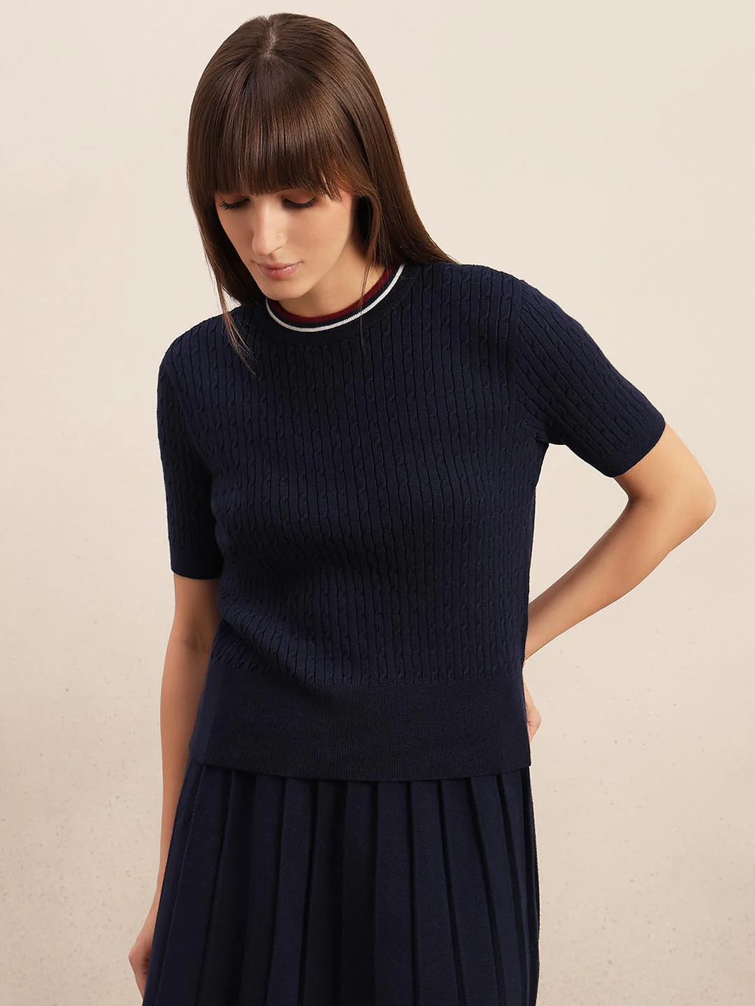 Navy Blue Textured Knitted Top - Image 2