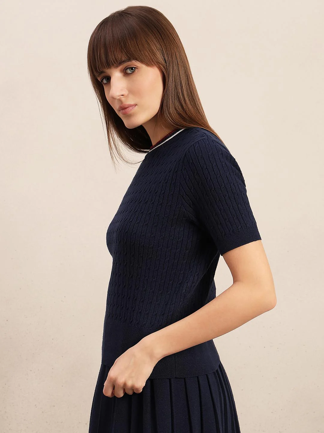 Navy Blue Textured Knitted Top - Image 3