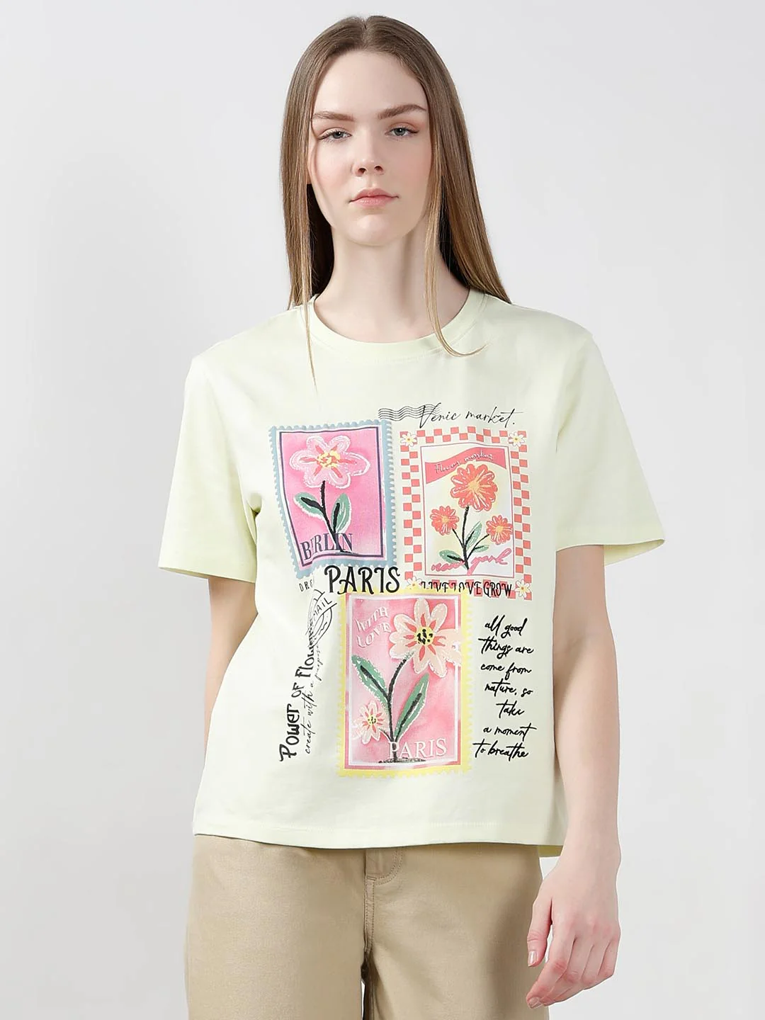 Vero Moda Lime Printed Cotton T-Shirt - Image 2