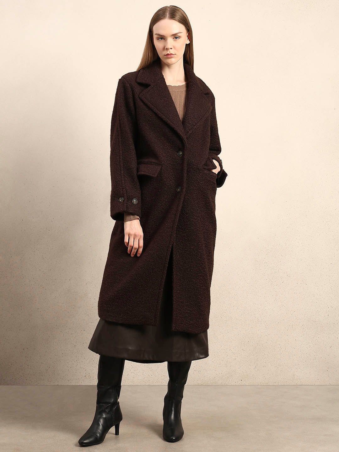 Longline Textured Coat - Brown - Image 2