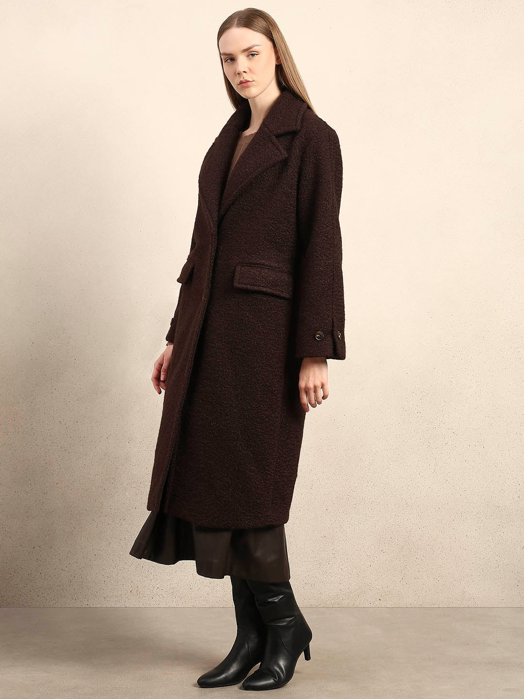 Longline Textured Coat - Brown - Image 3