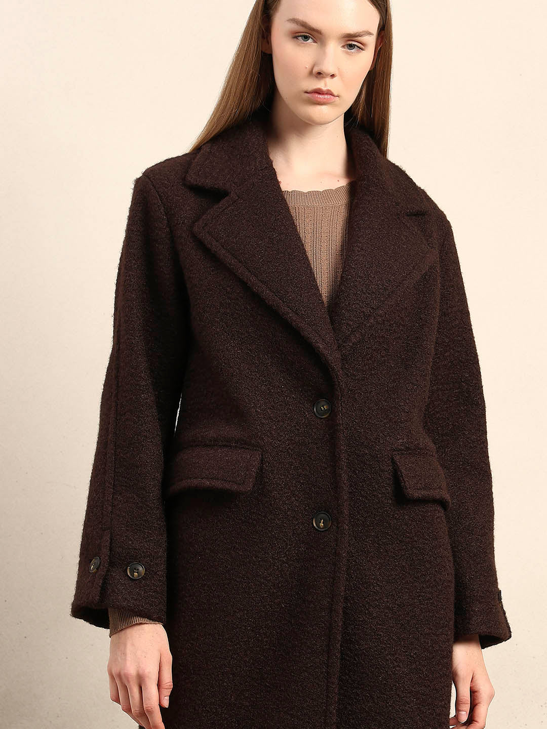 Longline Textured Coat - Brown - Image 5