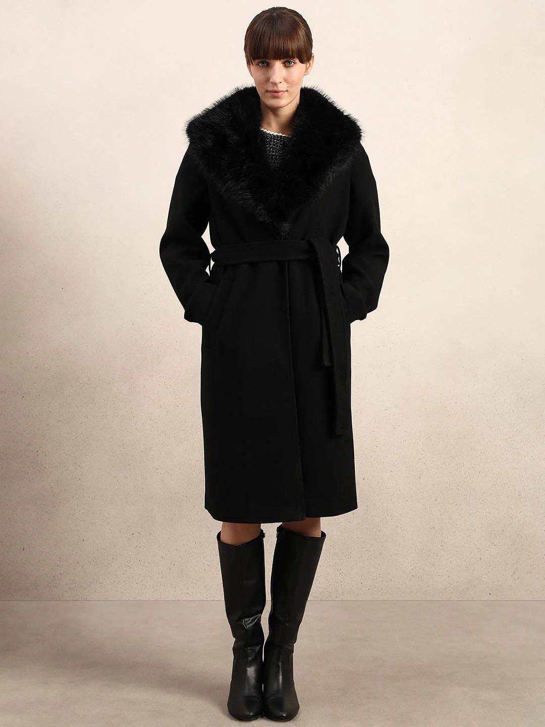 Black Belted Long Coat - Image 2